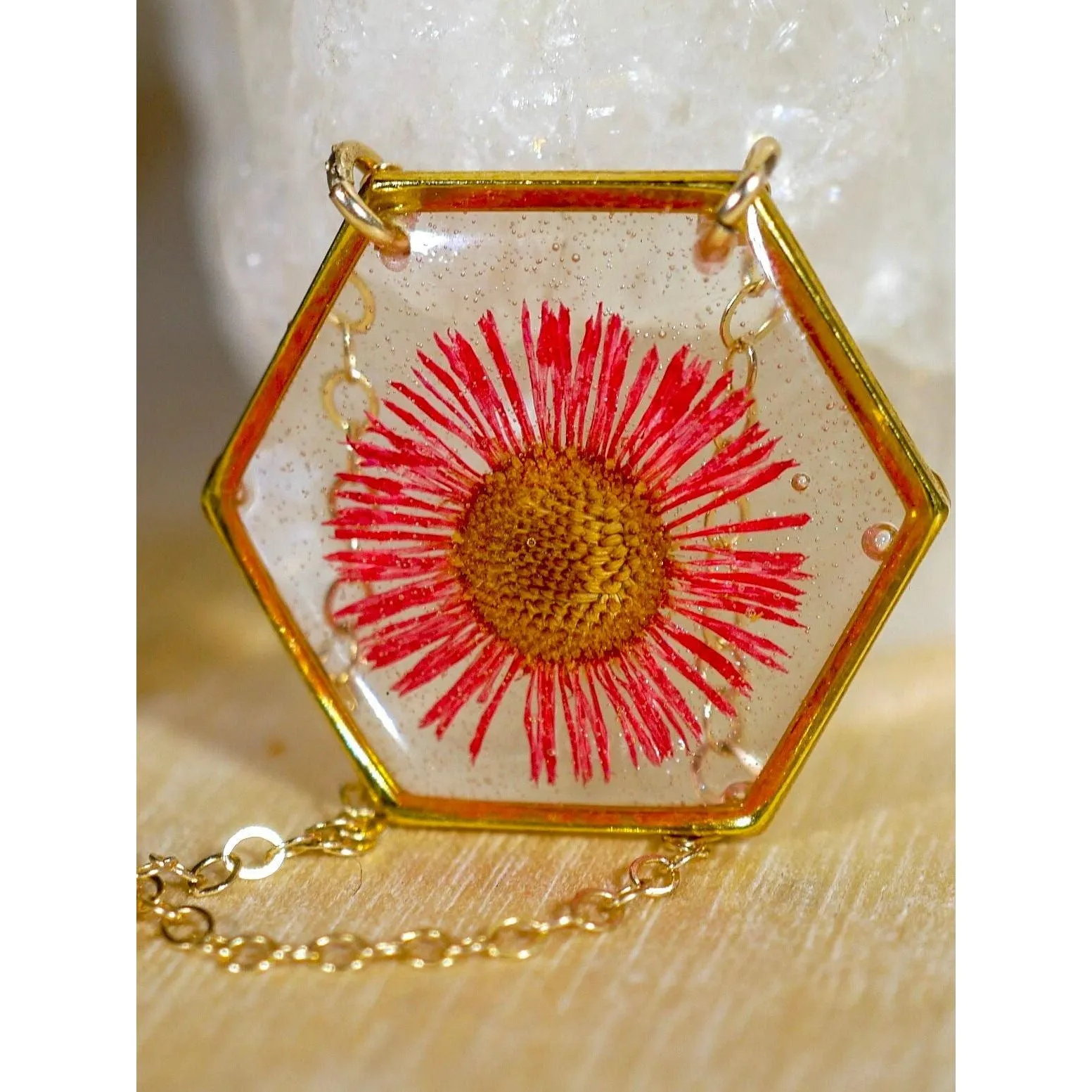 Red Fleabane hexagon necklace