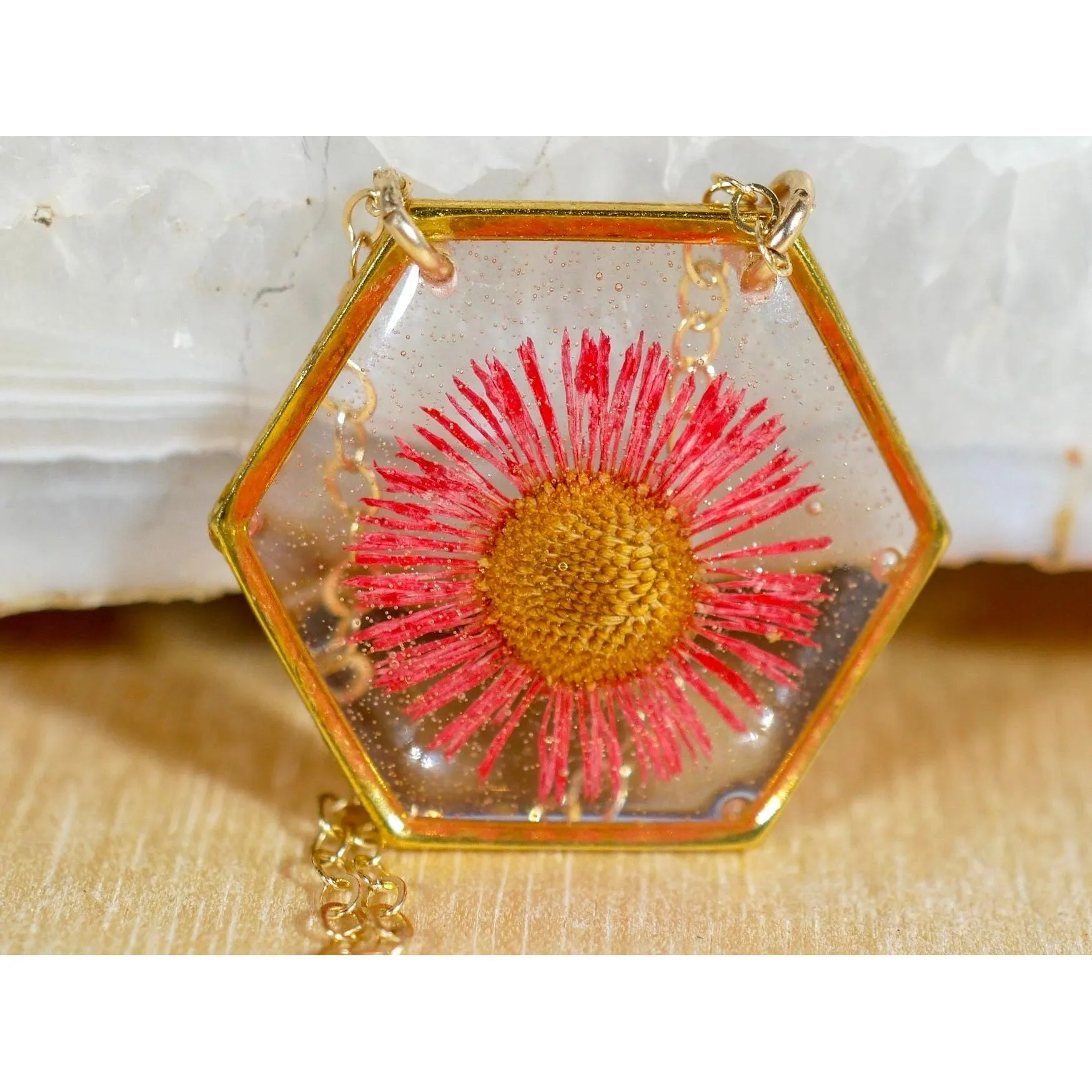 Red Fleabane hexagon necklace
