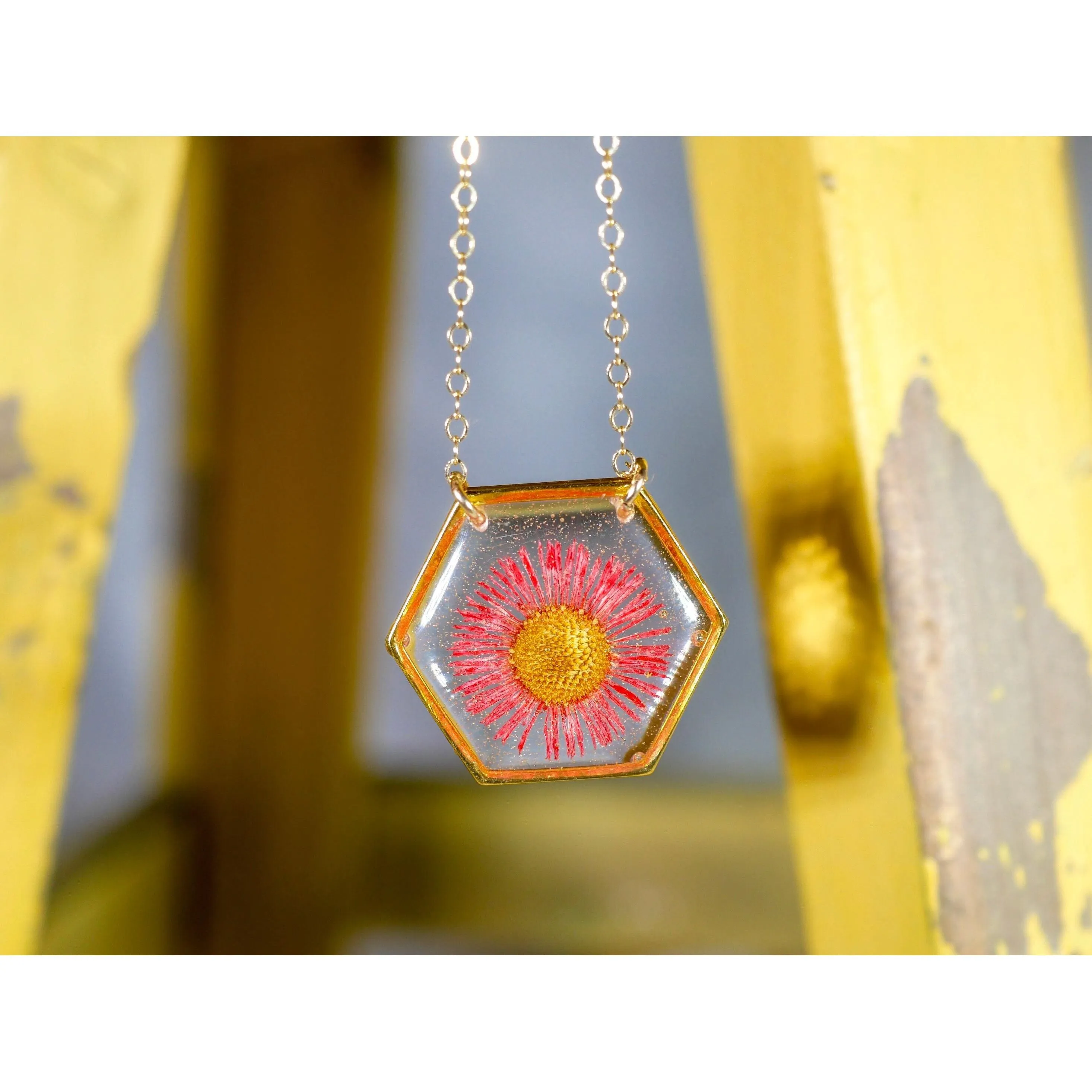 Red Fleabane hexagon necklace
