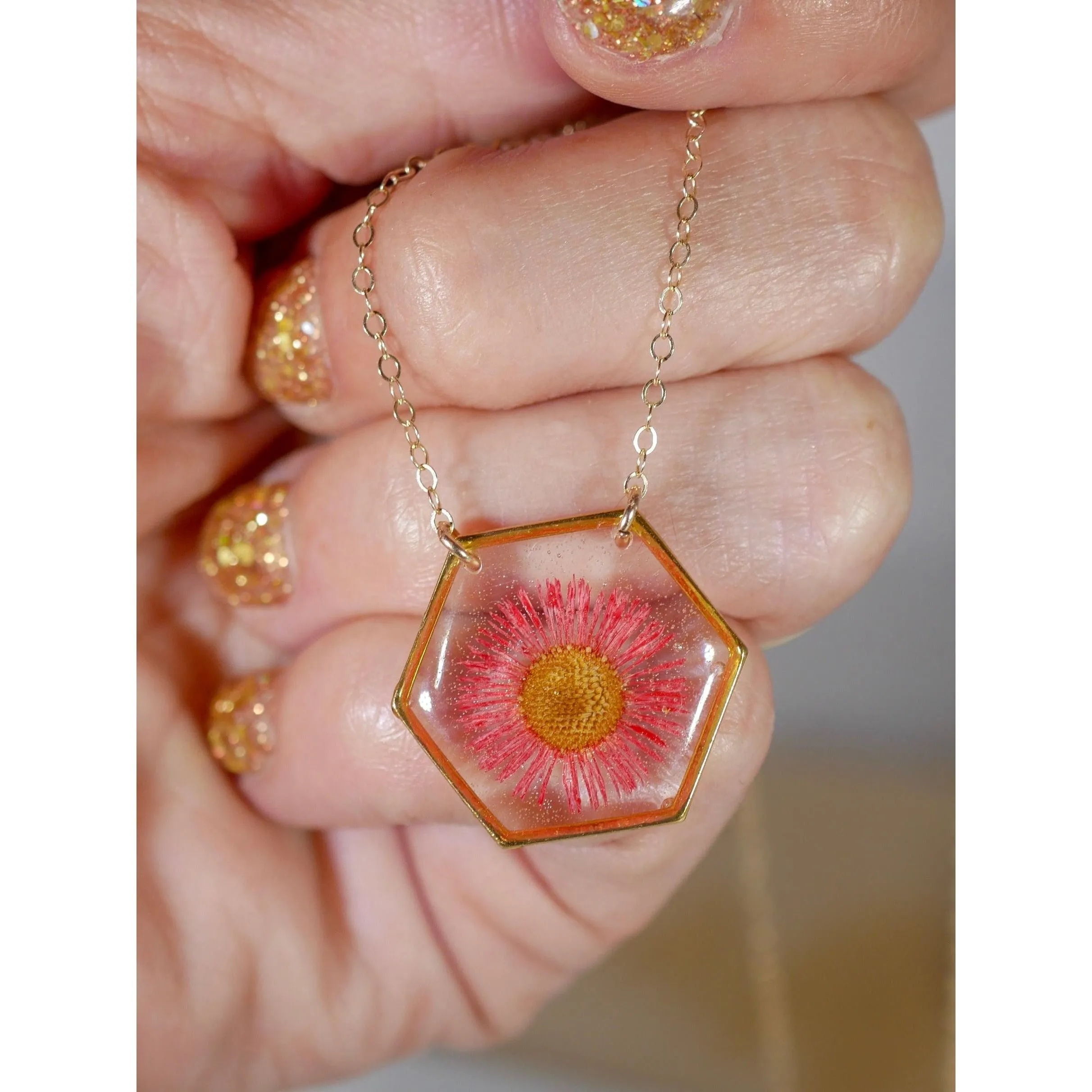 Red Fleabane hexagon necklace