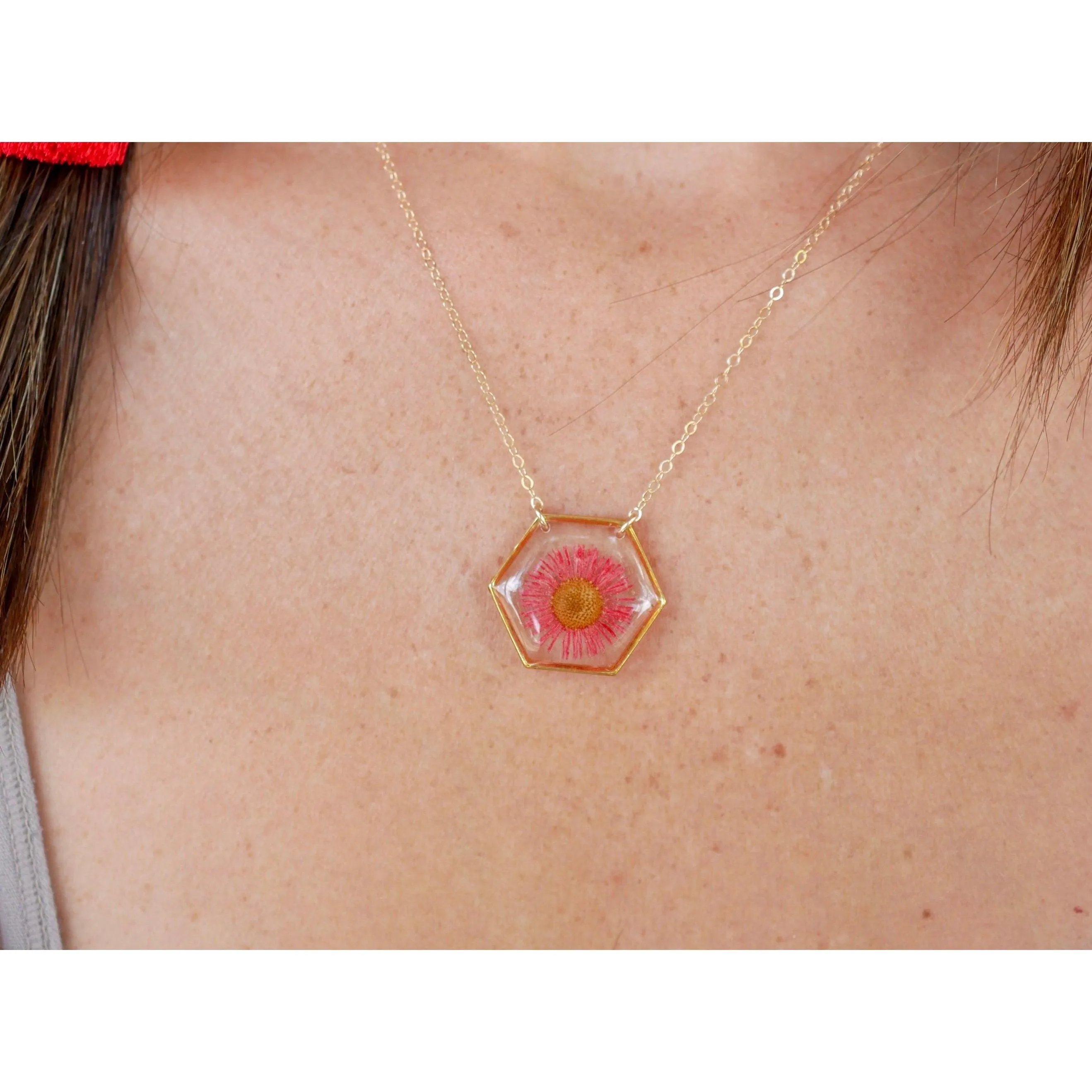 Red Fleabane hexagon necklace