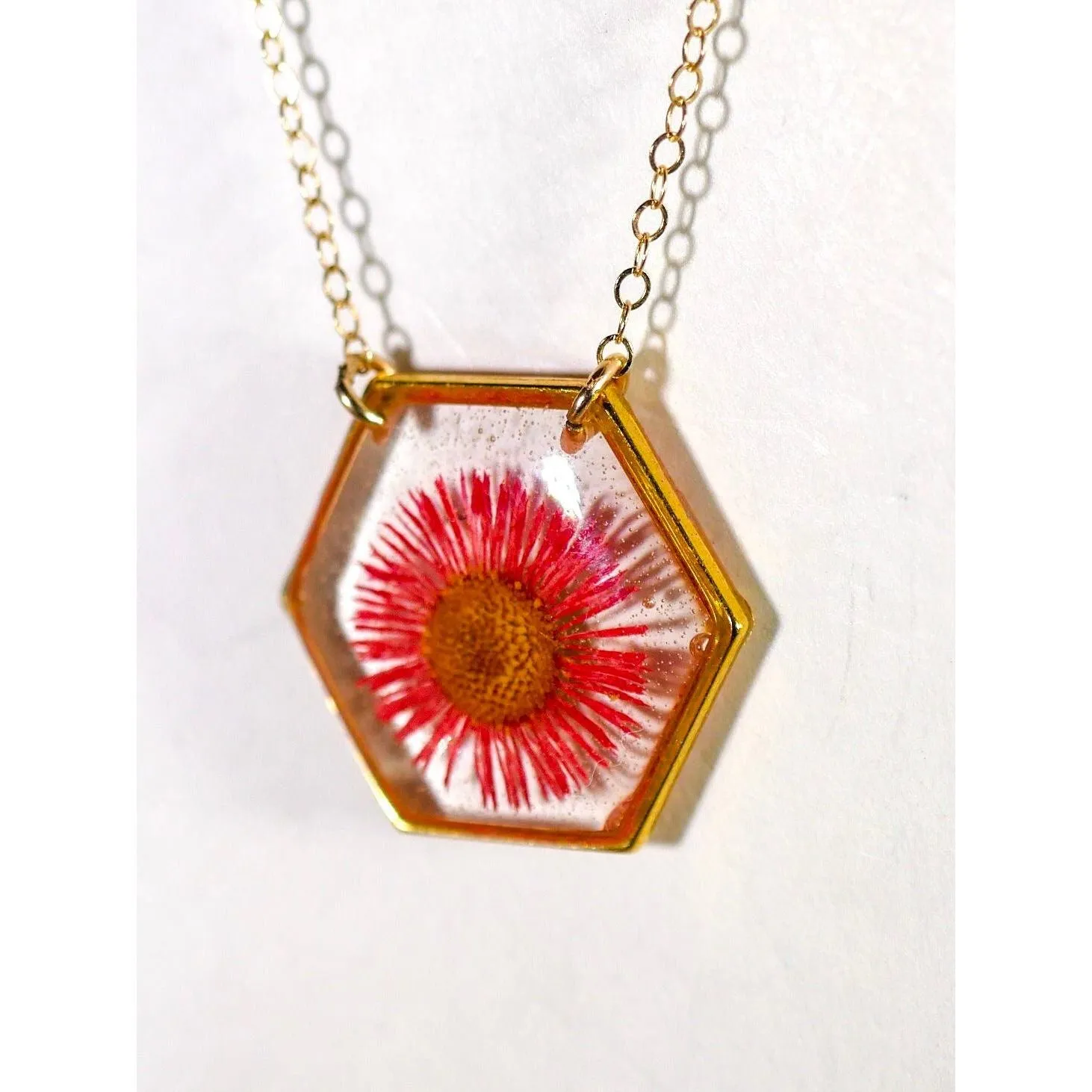 Red Fleabane hexagon necklace
