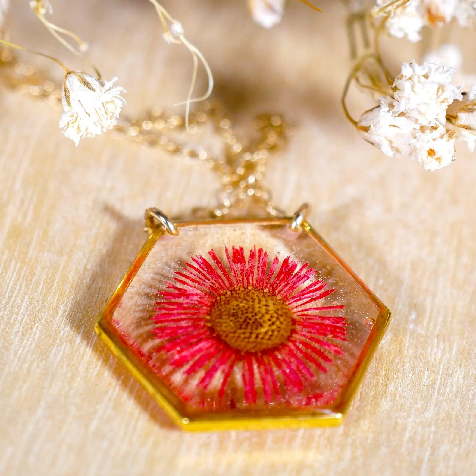 Red Fleabane hexagon necklace