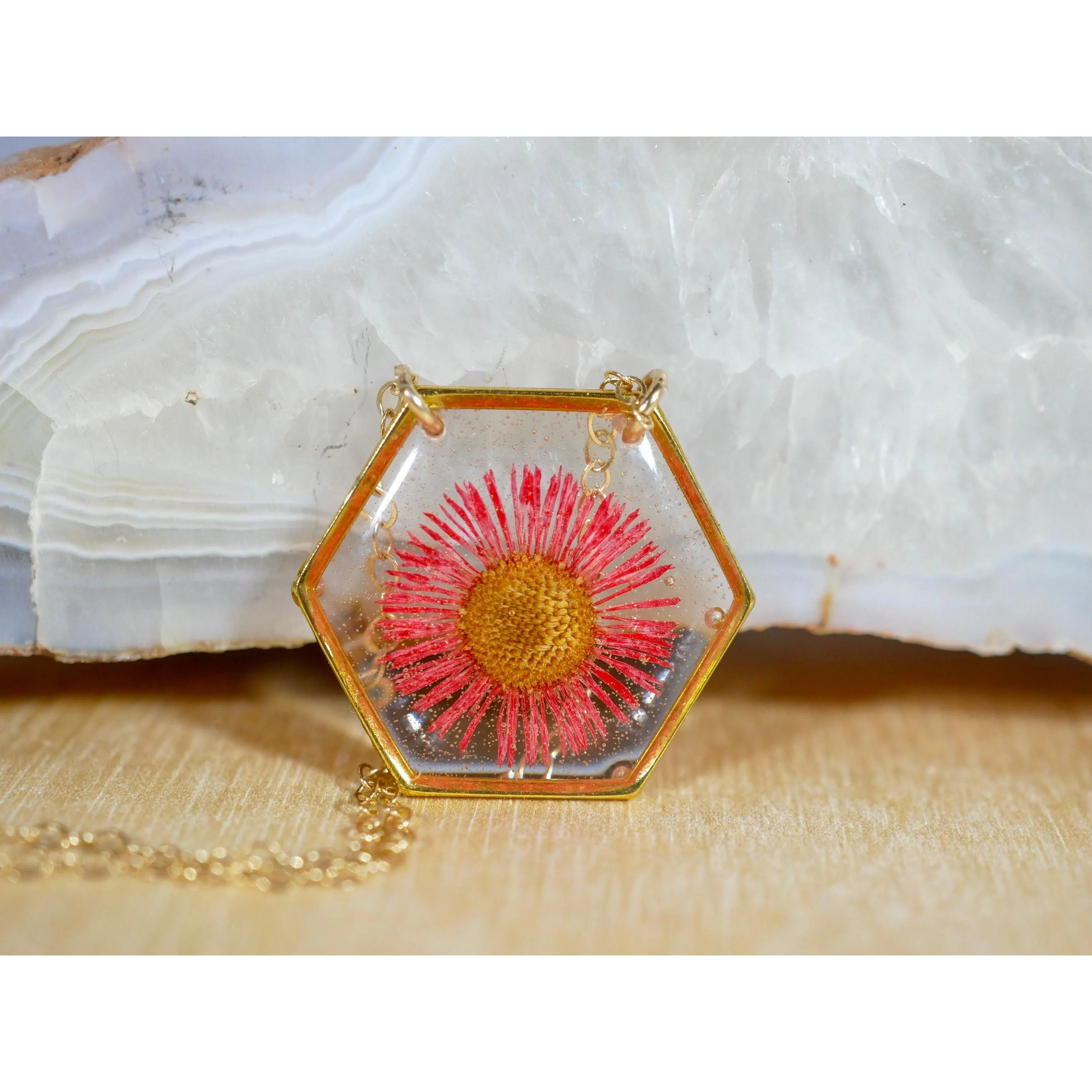 Red Fleabane hexagon necklace