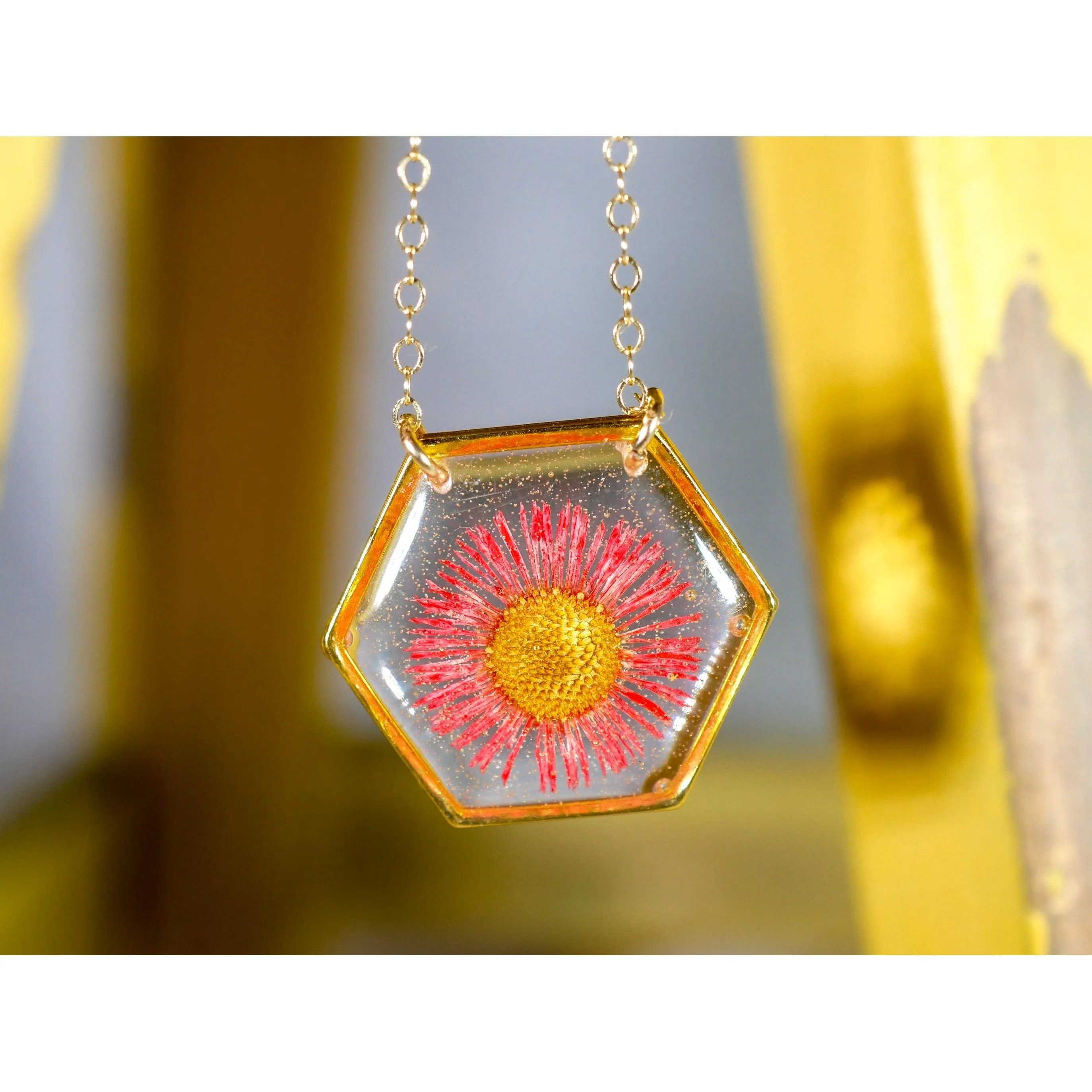 Red Fleabane hexagon necklace