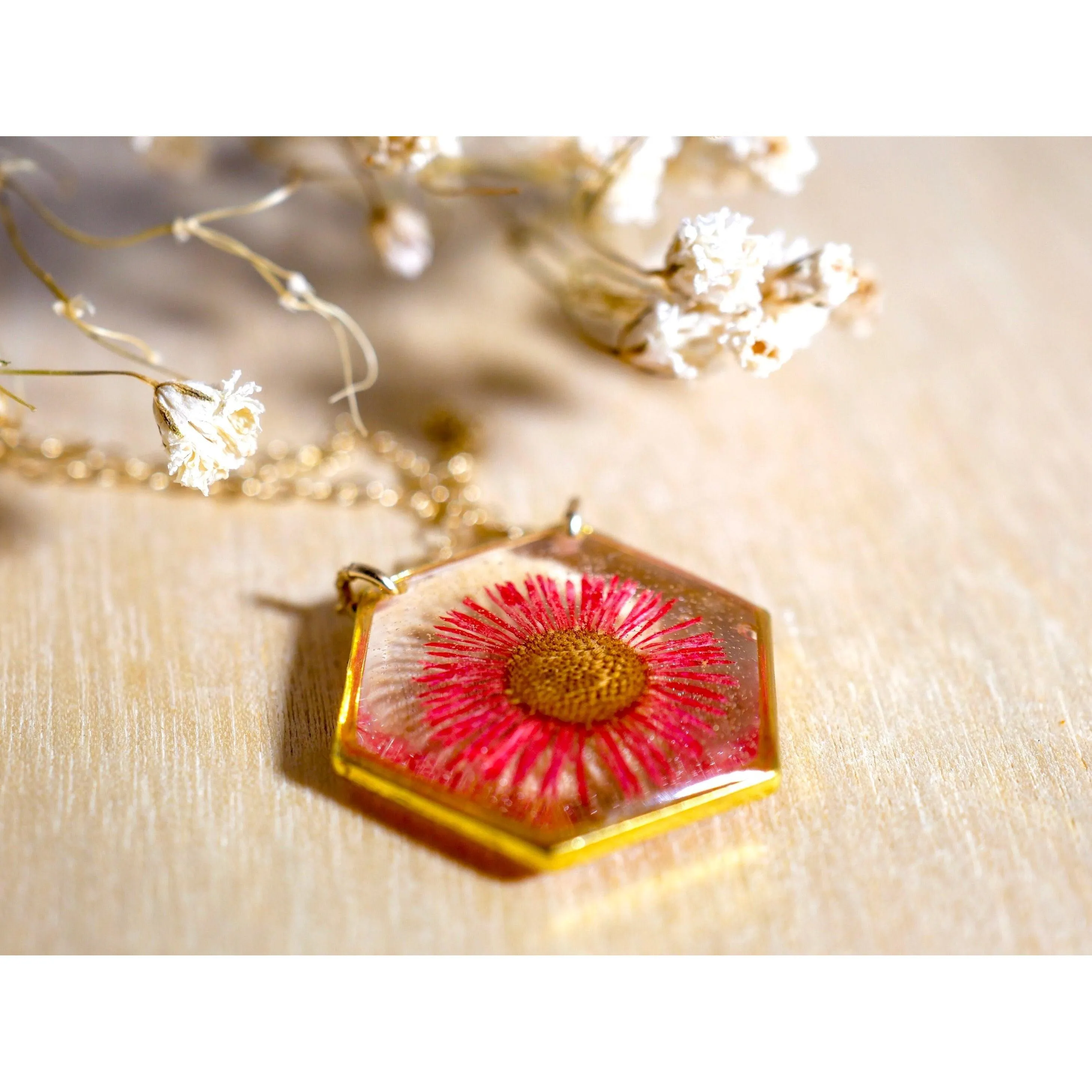 Red Fleabane hexagon necklace