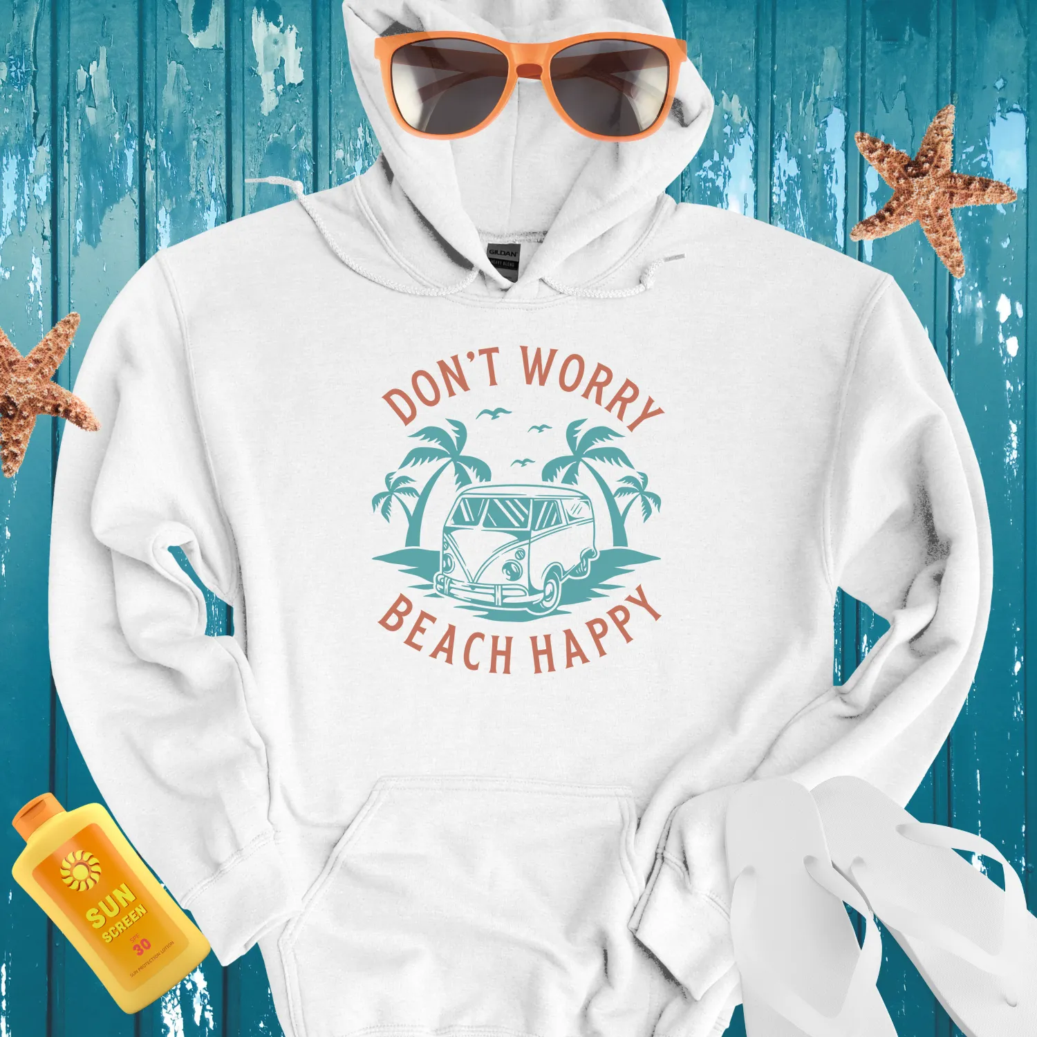 Retro Beach Hoodie Light Blue Van Palm Trees Design