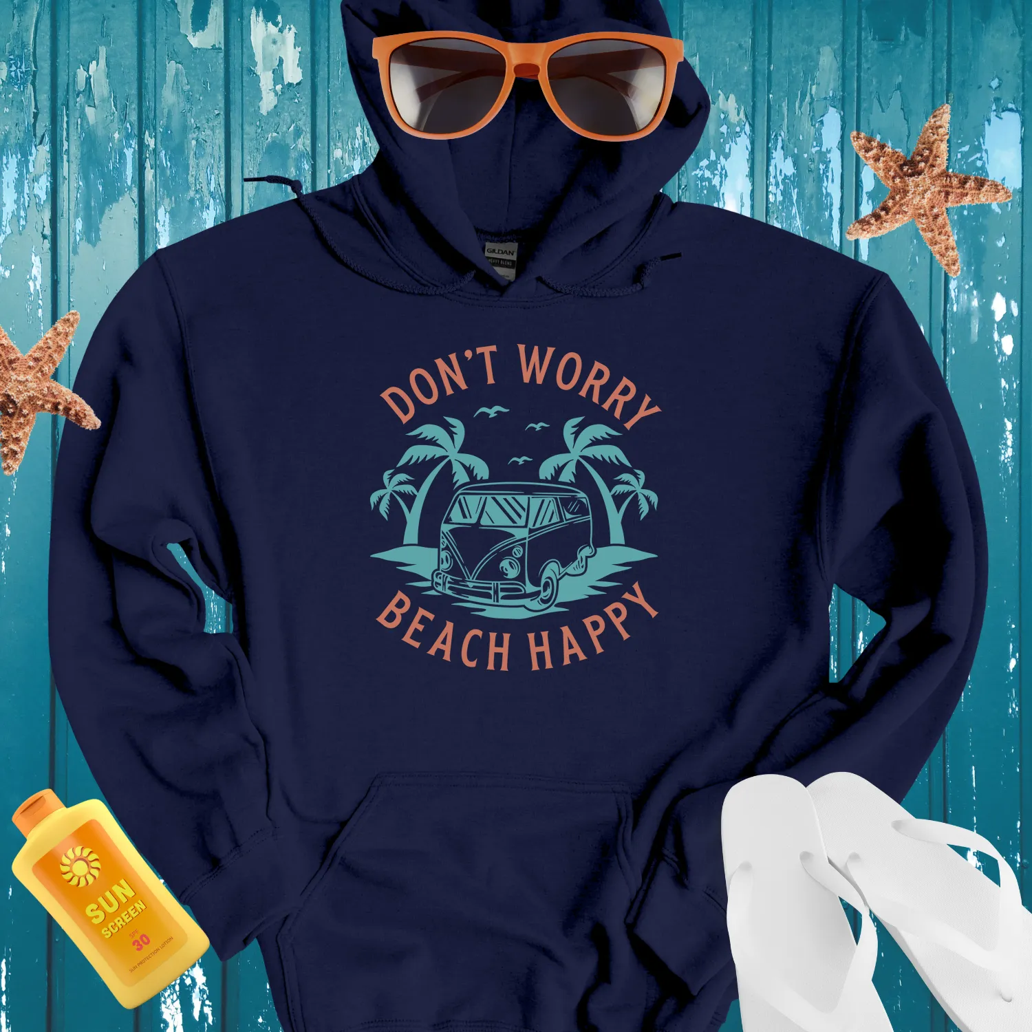 Retro Beach Hoodie Light Blue Van Palm Trees Design