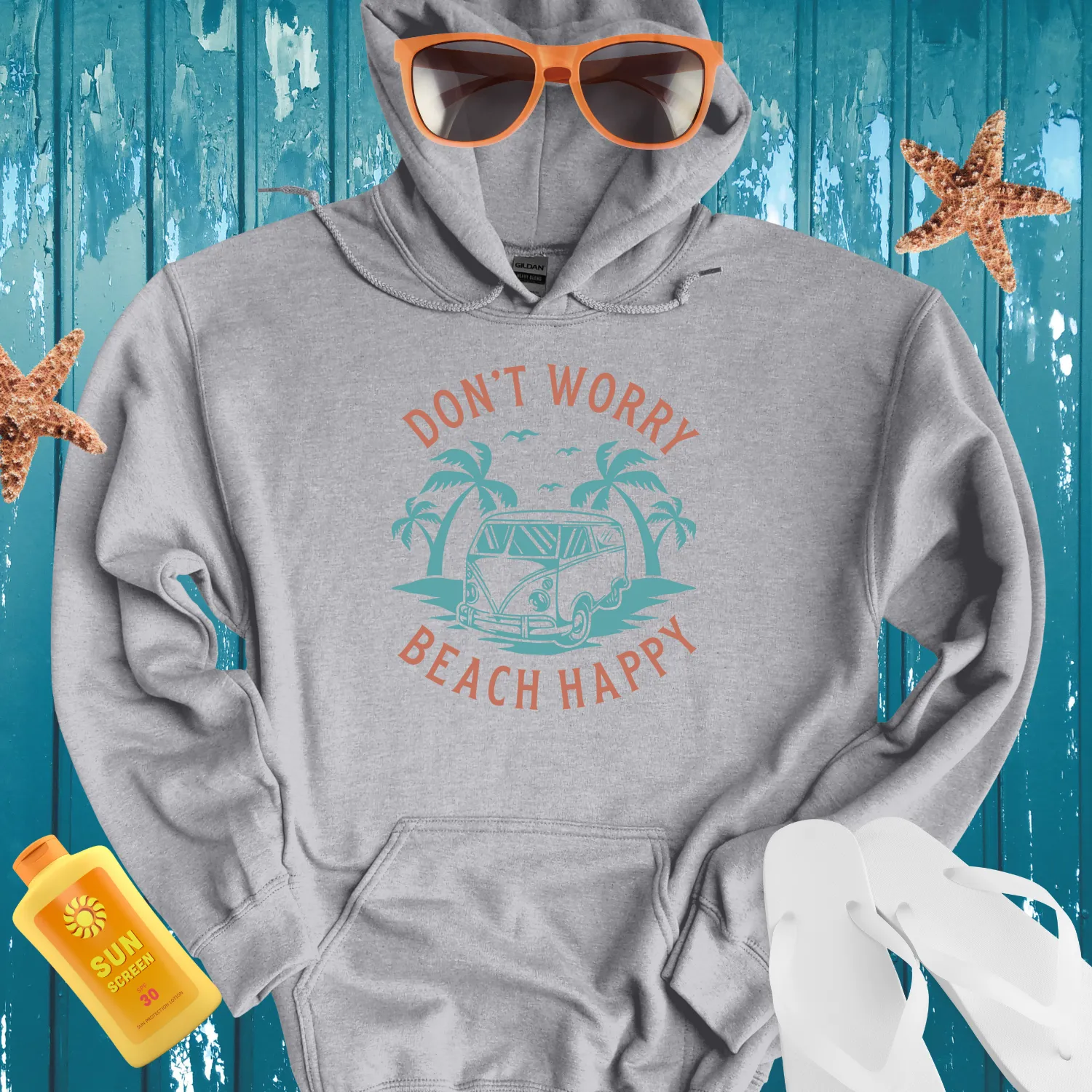 Retro Beach Hoodie Light Blue Van Palm Trees Design