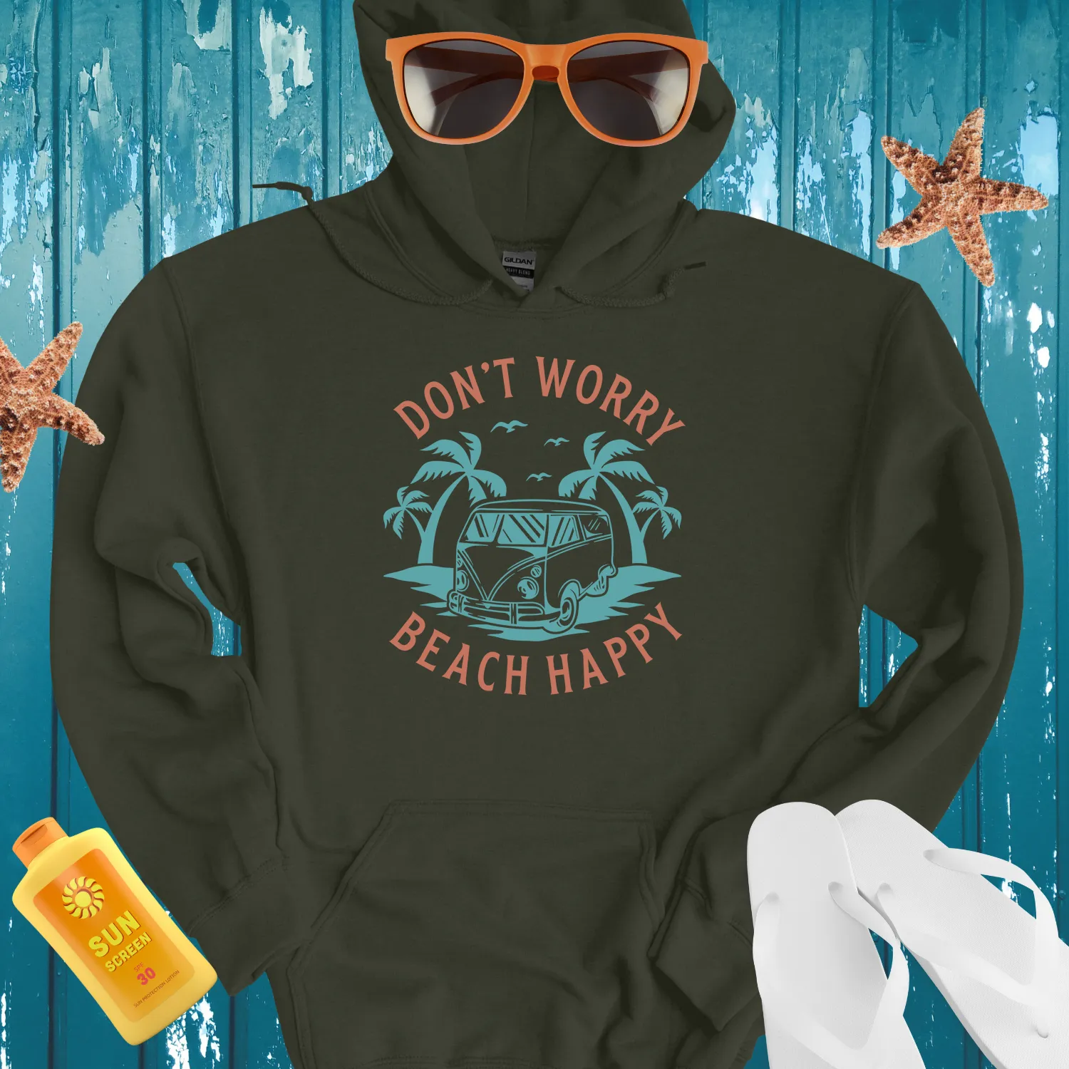 Retro Beach Hoodie Light Blue Van Palm Trees Design