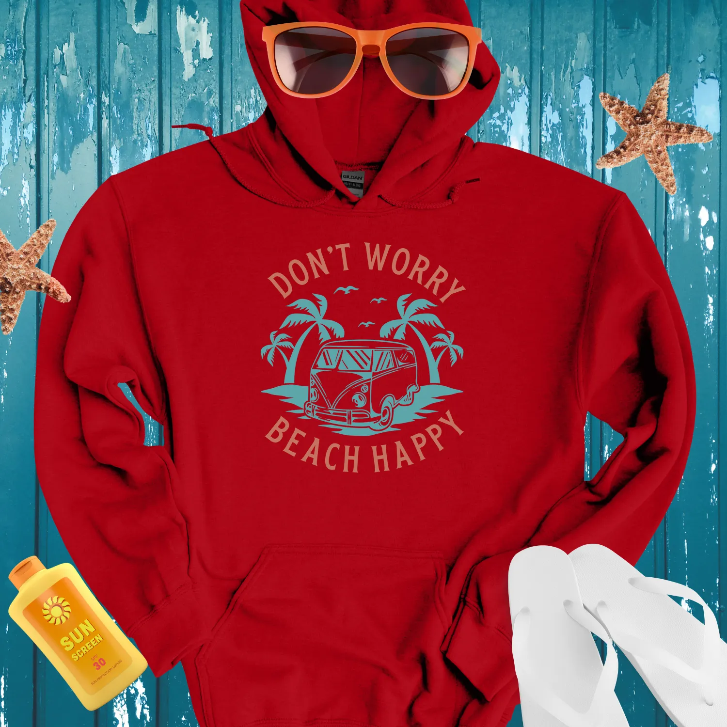 Retro Beach Hoodie Light Blue Van Palm Trees Design