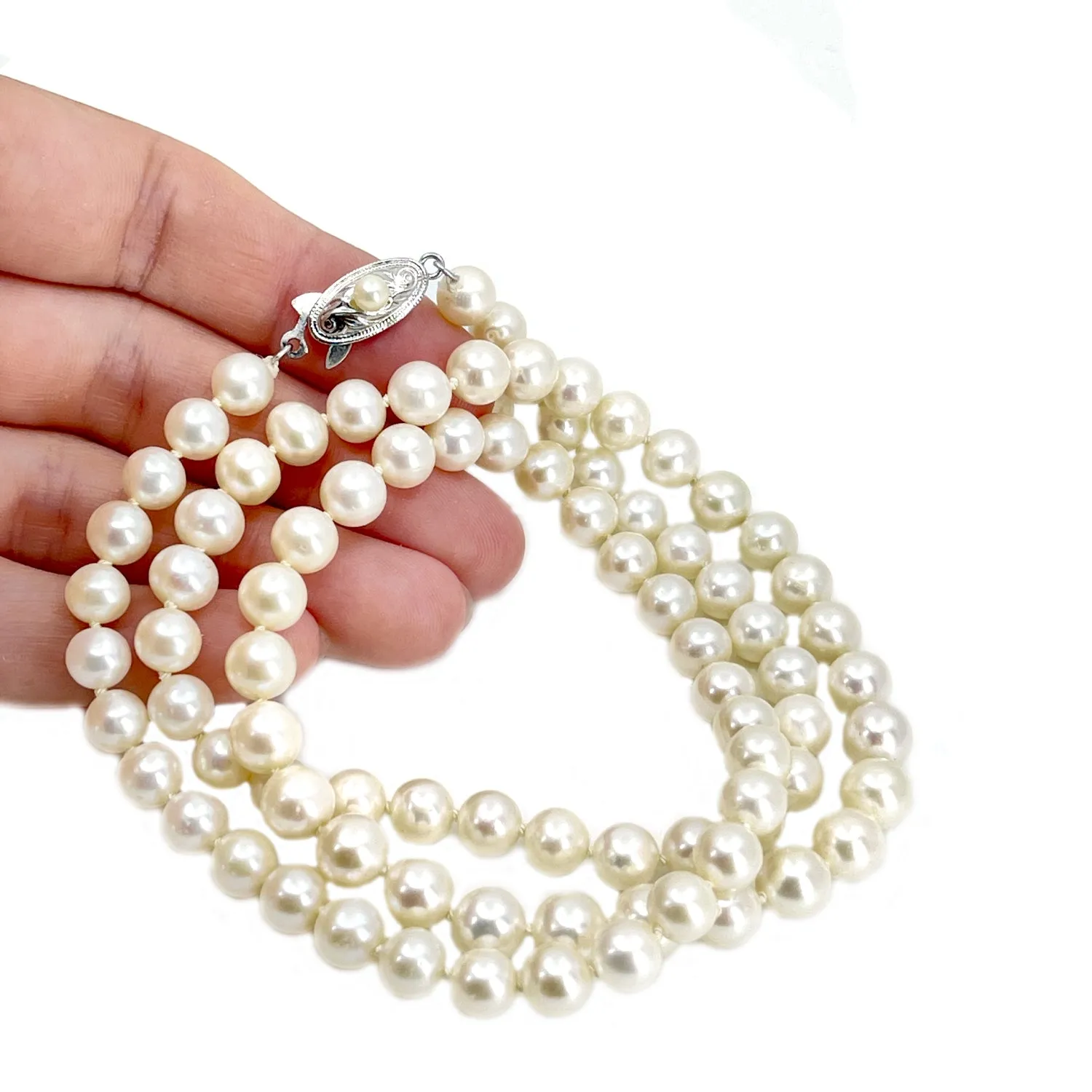 Retro Japanese Saltwater Cultured Akoya Pearl Graduated Necklace - Sterling Silver 25.50 Inch