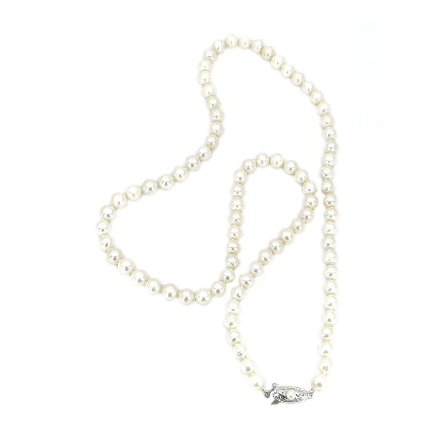 Retro Japanese Saltwater Cultured Akoya Pearl Graduated Necklace - Sterling Silver 25.50 Inch