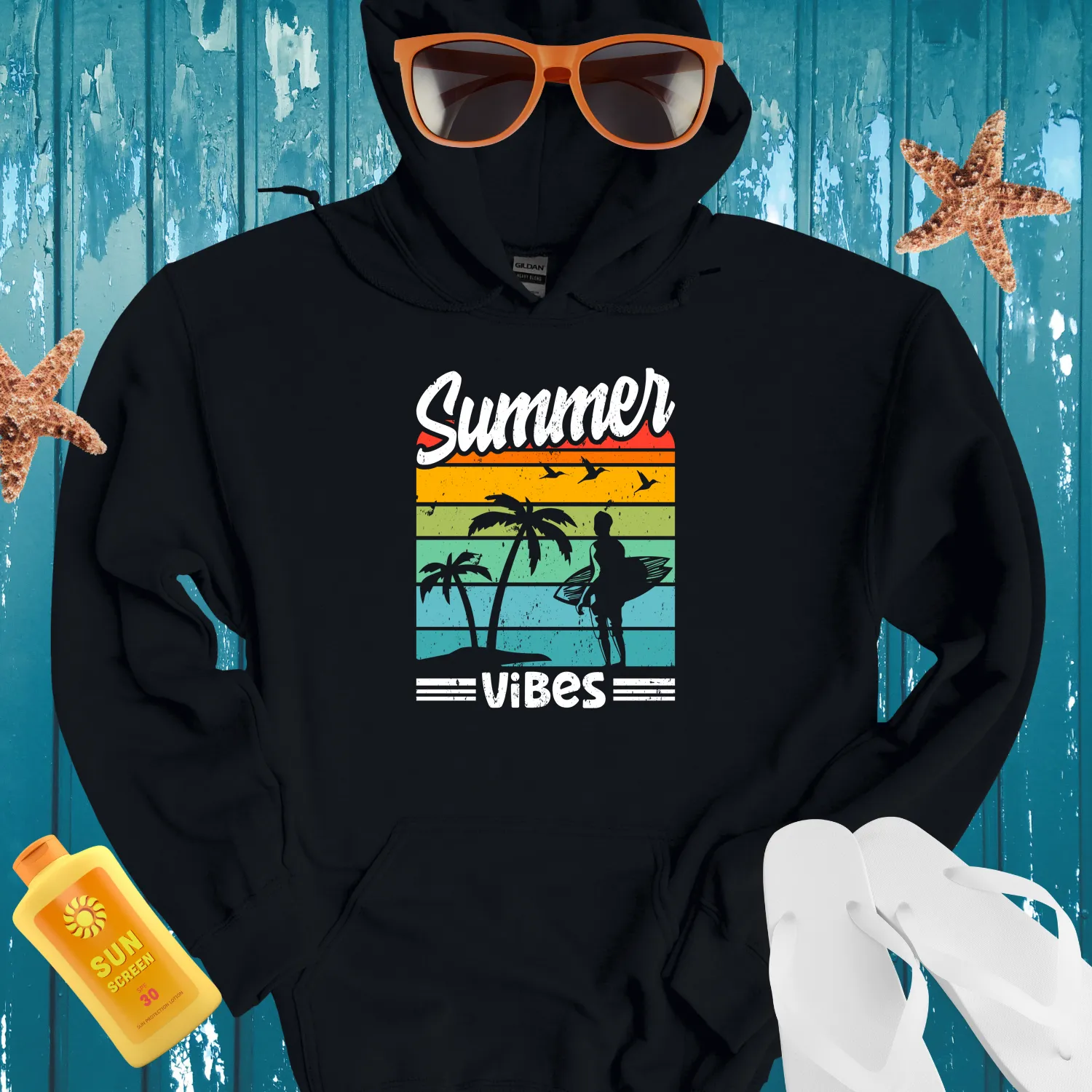 Retro Summer Vibes Hoodie With Surfer And Palm Trees