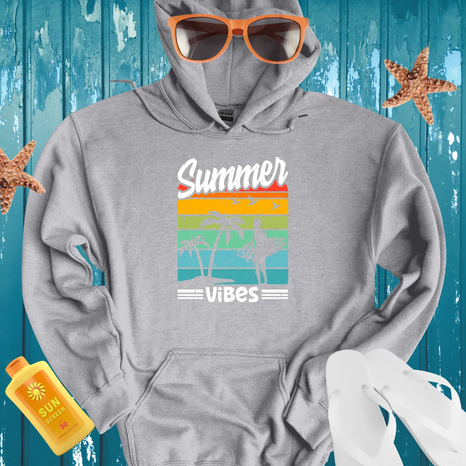 Retro Summer Vibes Hoodie With Surfer And Palm Trees
