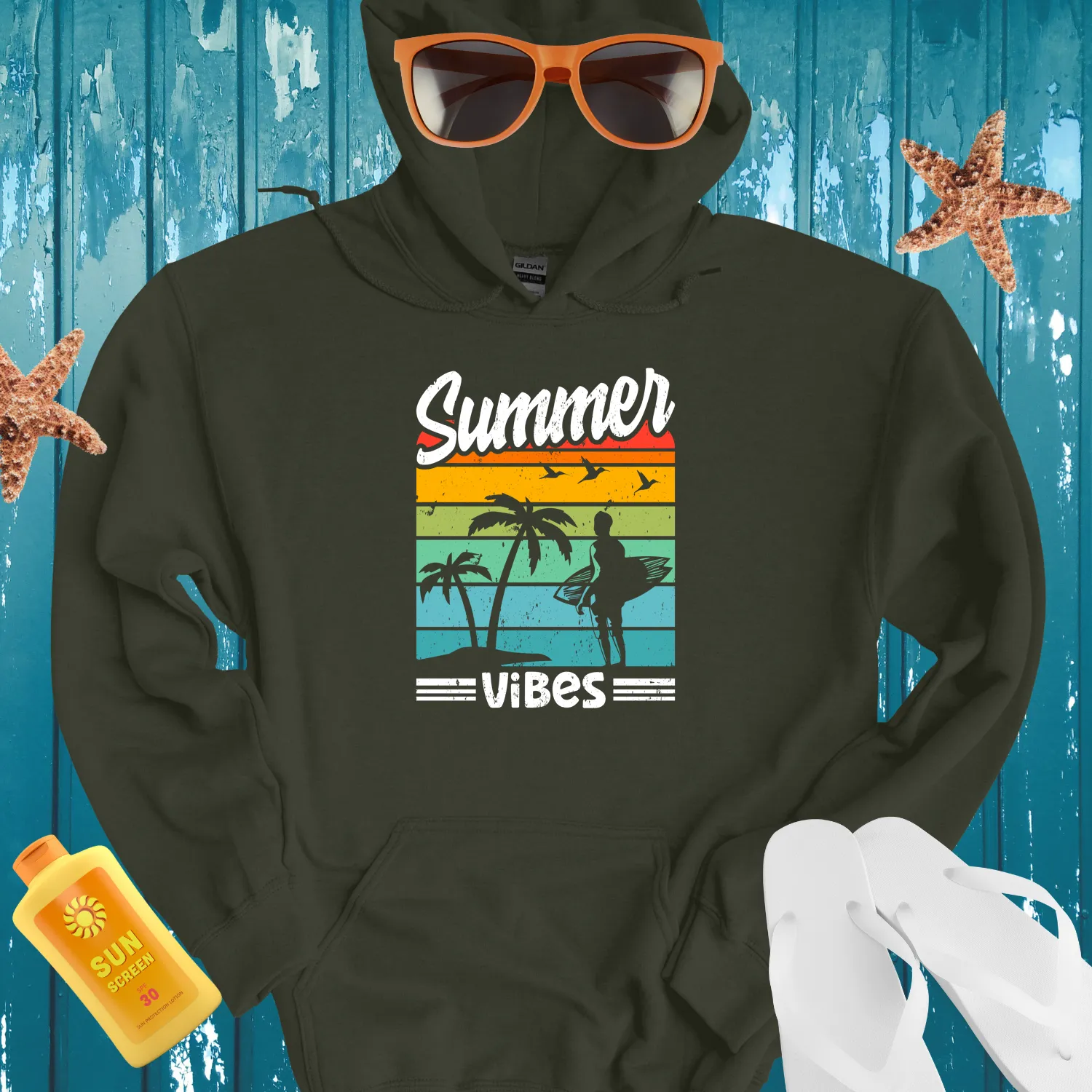 Retro Summer Vibes Hoodie With Surfer And Palm Trees