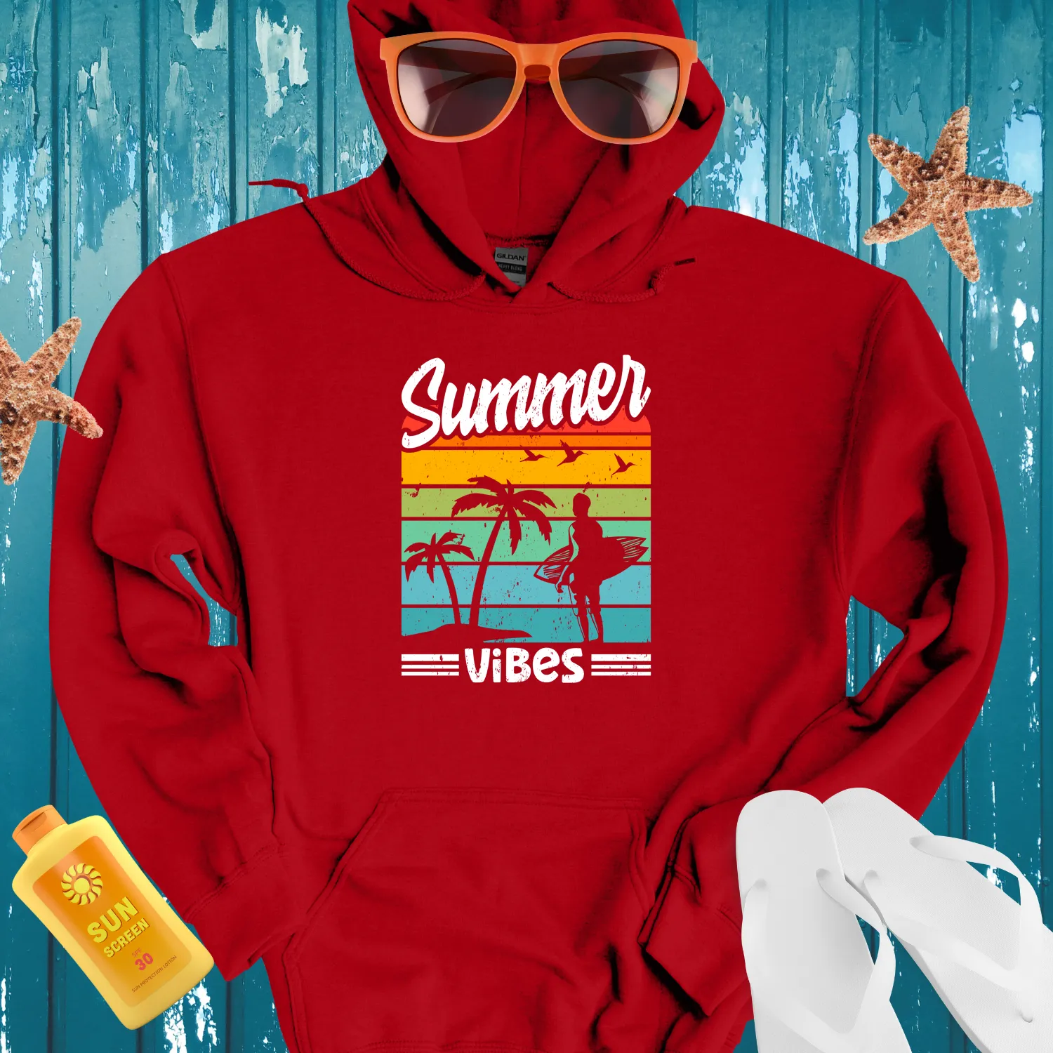 Retro Summer Vibes Hoodie With Surfer And Palm Trees
