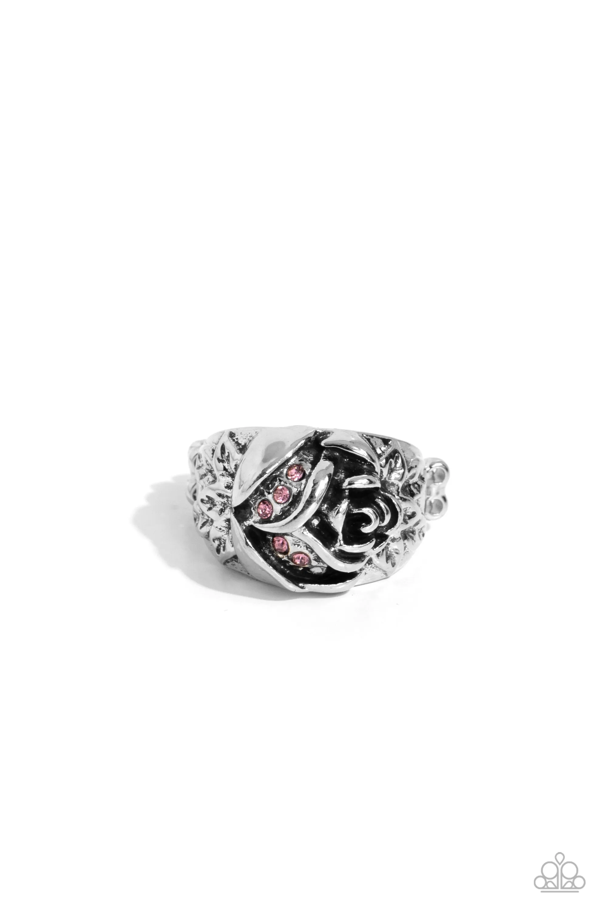 Rose Garden Refinement - Pink - Rhinestone Embellished Flower Paparazzi Dainty Ring