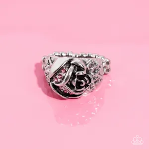 Rose Garden Refinement - Pink - Rhinestone Embellished Flower Paparazzi Dainty Ring