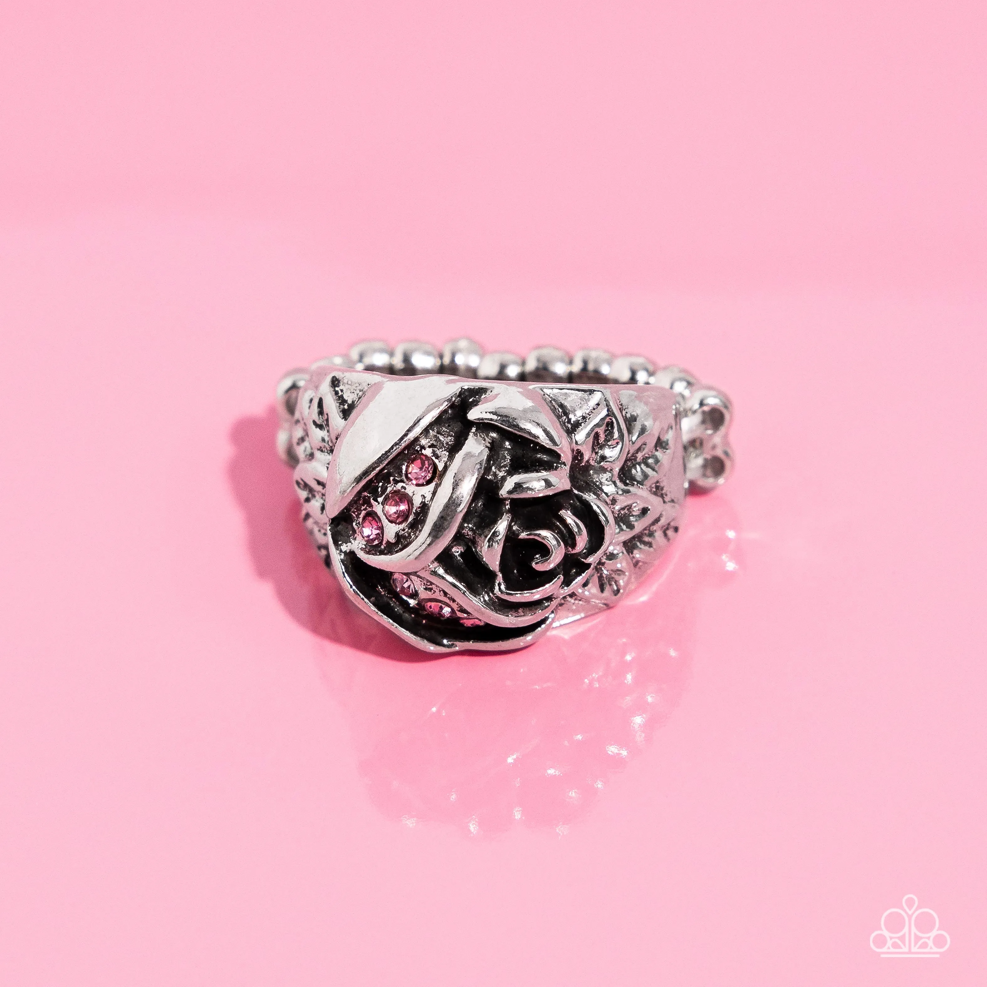 Rose Garden Refinement - Pink - Rhinestone Embellished Flower Paparazzi Dainty Ring