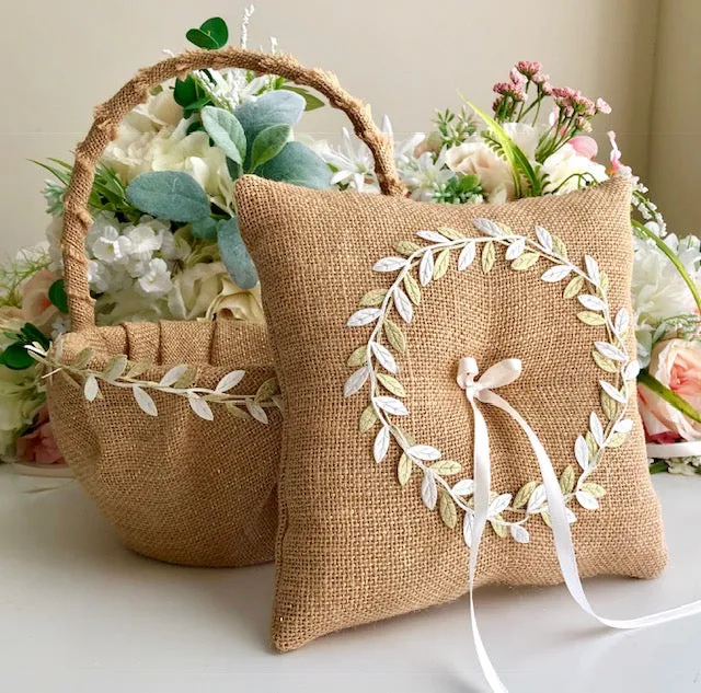 Rustic Flower Girl Basket and Ring Bearer Pillow Set