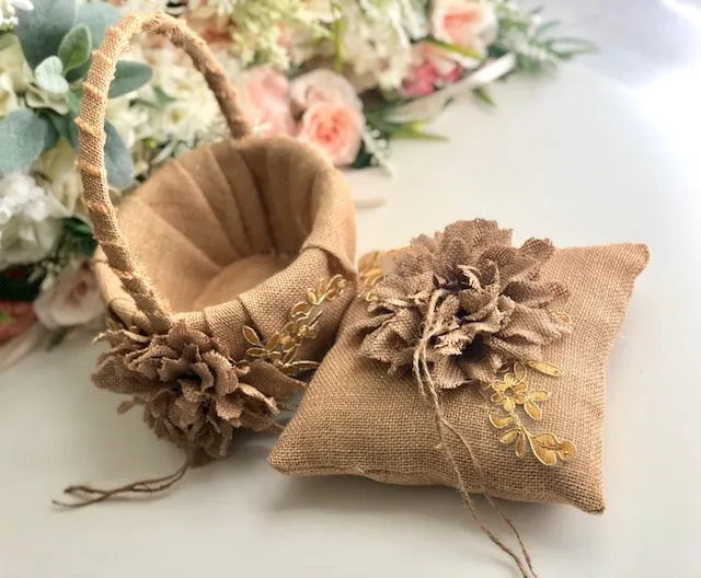 Rustic Flower Girl Basket and Ring Bearer Pillow Set