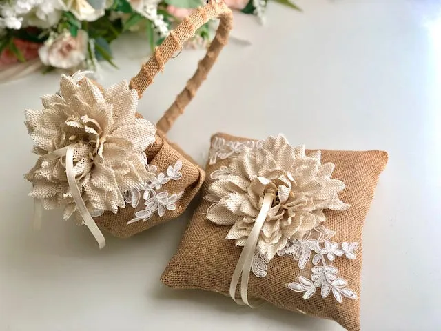 Rustic Flower Girl Basket and Ring Bearer Pillow Set