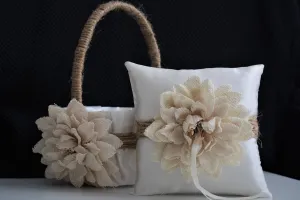 Rustic Flower Girl Basket and Ring Bearer Pillow Wedding Set