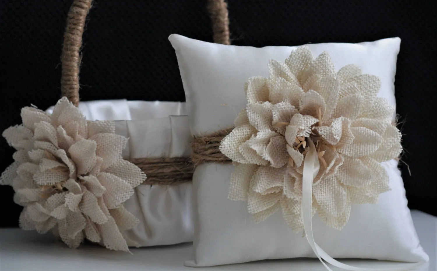 Rustic Flower Girl Basket and Ring Bearer Pillow Wedding Set
