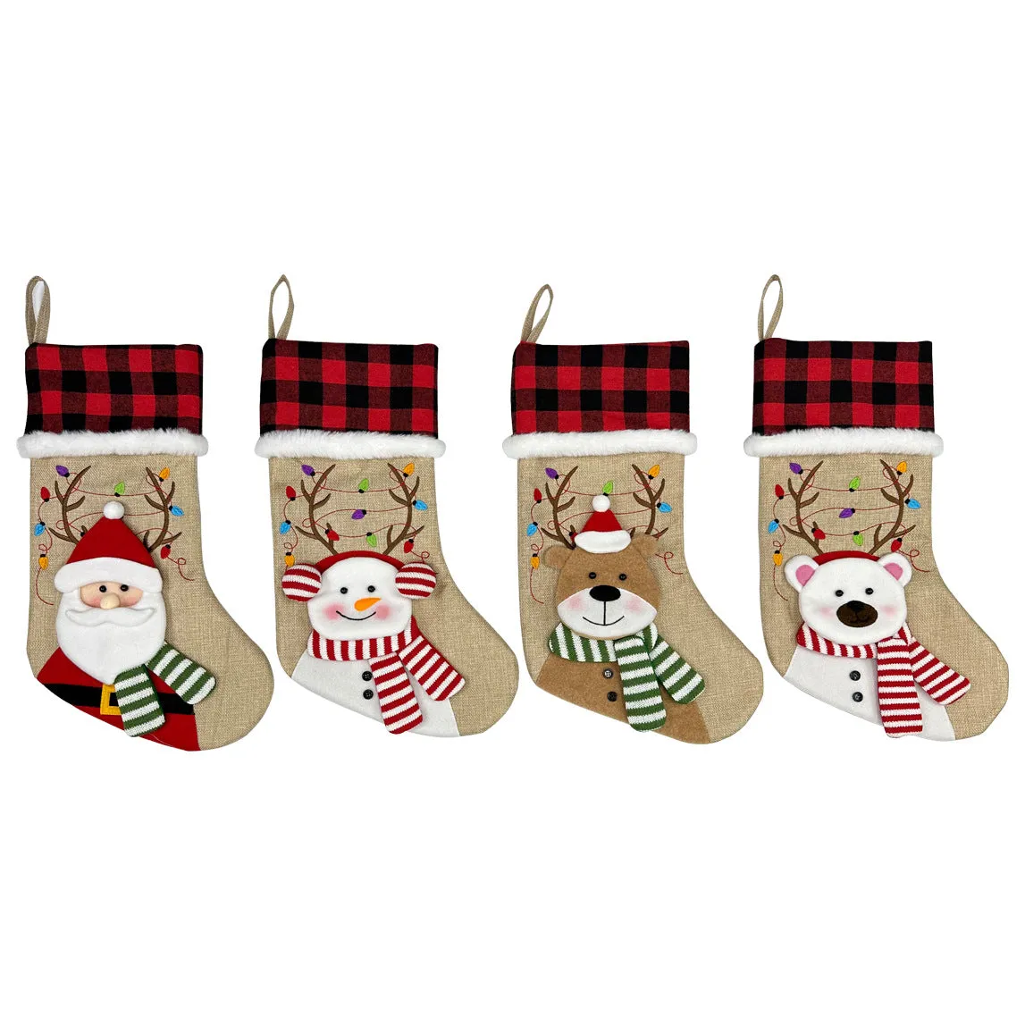 Rustic Holiday Charm Burlap Christmas Stocking Set with Festive Characters