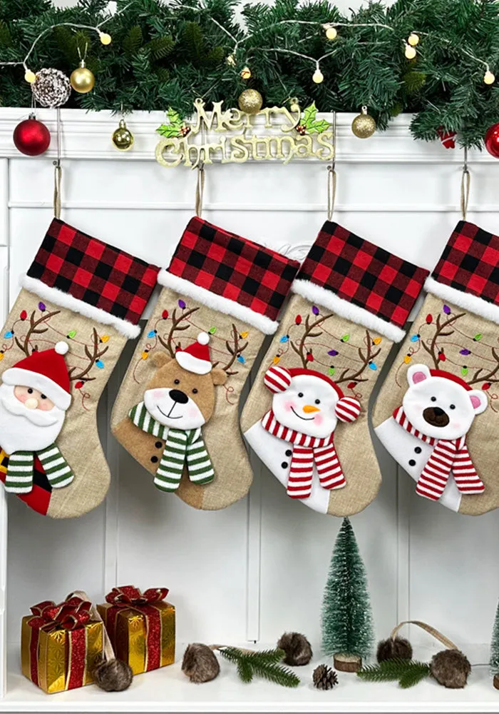 Rustic Holiday Charm Burlap Christmas Stocking Set with Festive Characters