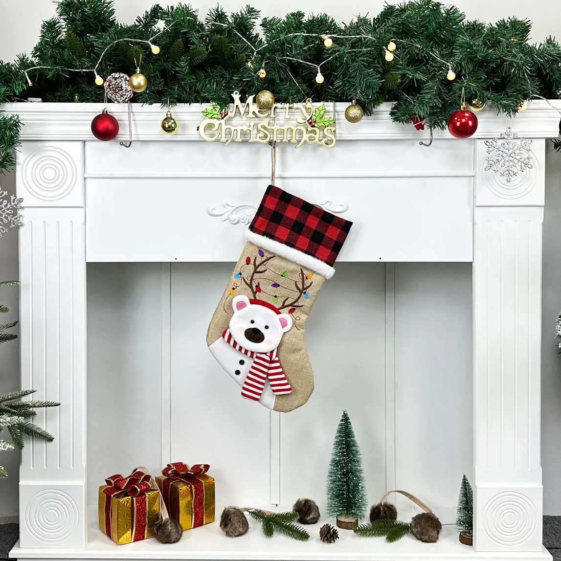 Rustic Holiday Charm Burlap Christmas Stocking Set with Festive Characters