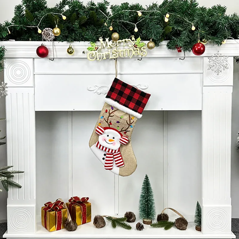 Rustic Holiday Charm Burlap Christmas Stocking Set with Festive Characters