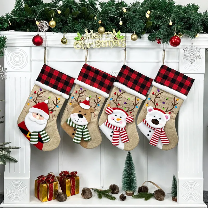 Rustic Holiday Charm Burlap Christmas Stocking Set with Festive Characters