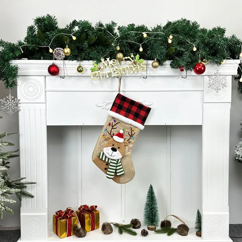 Rustic Holiday Charm Burlap Christmas Stocking Set with Festive Characters
