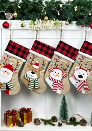 Rustic Holiday Charm Burlap Christmas Stocking Set with Festive Characters