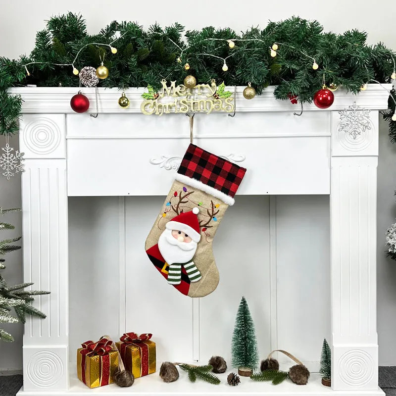 Rustic Holiday Charm Burlap Christmas Stocking Set with Festive Characters