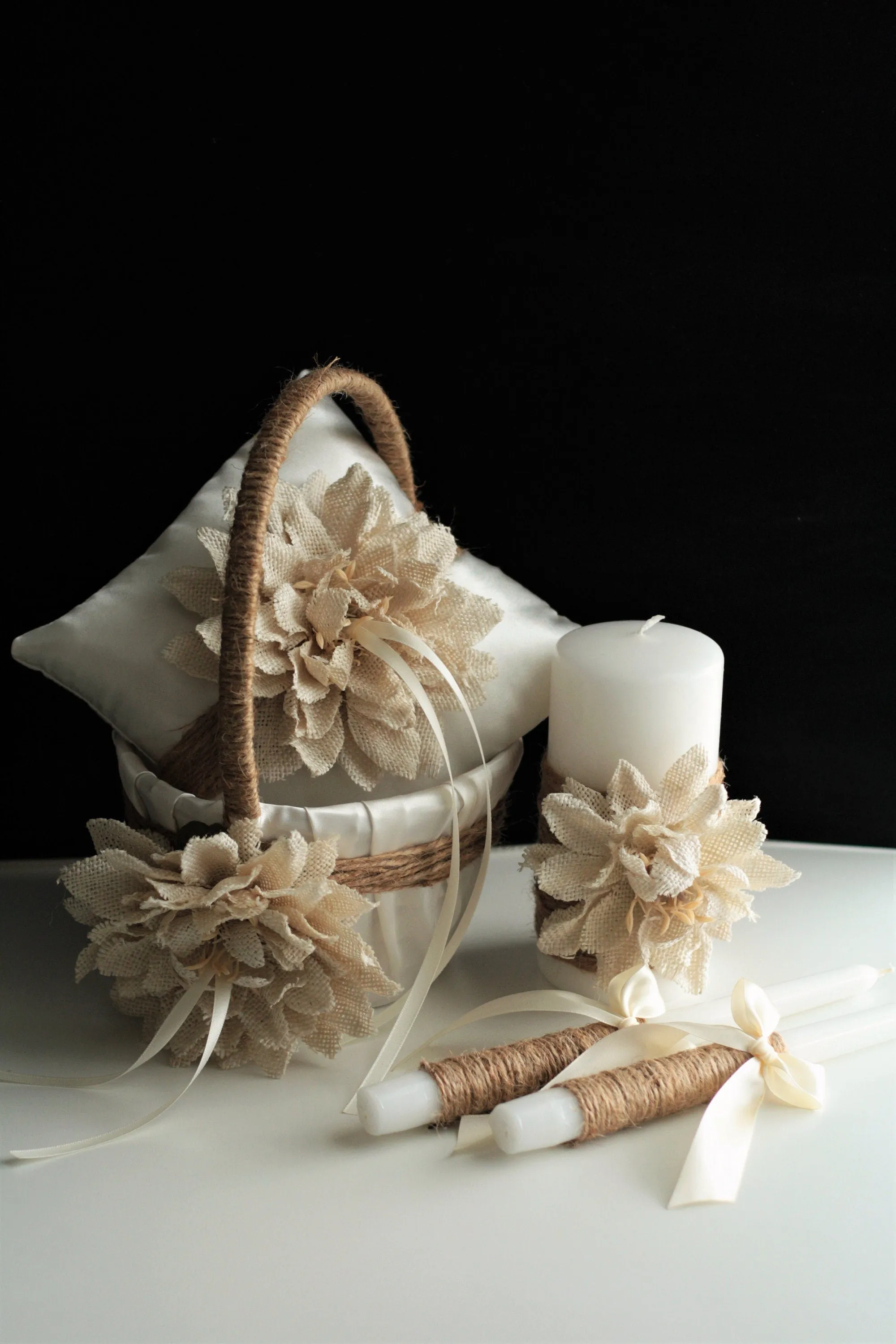 Rustic Wedding Decor, Flower Girl Basket and Ring Bearer Pillow Set, Wedding Accessories, Rustic Unity Candles, Wedding Decoration