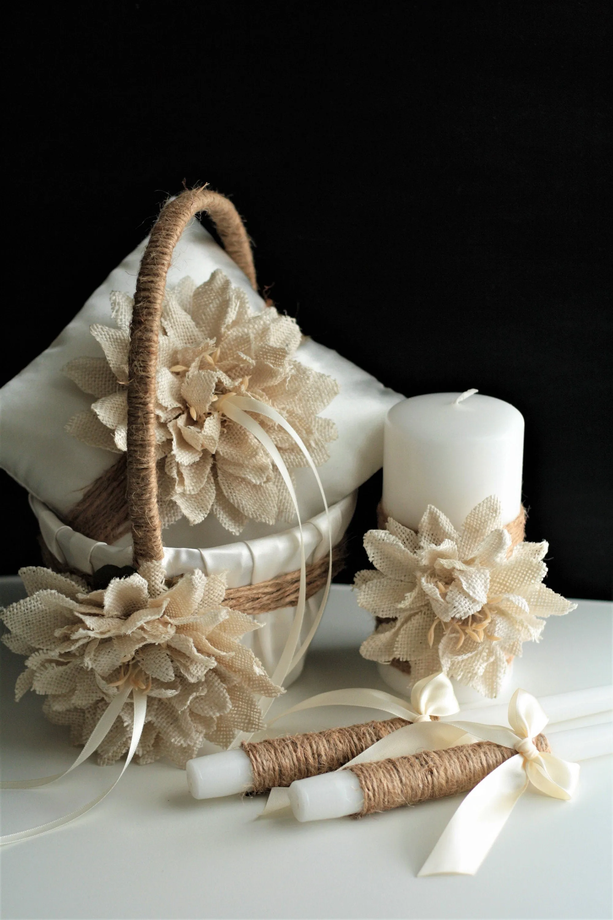 Rustic Wedding Decor, Flower Girl Basket and Ring Bearer Pillow Set, Wedding Accessories, Rustic Unity Candles, Wedding Decoration