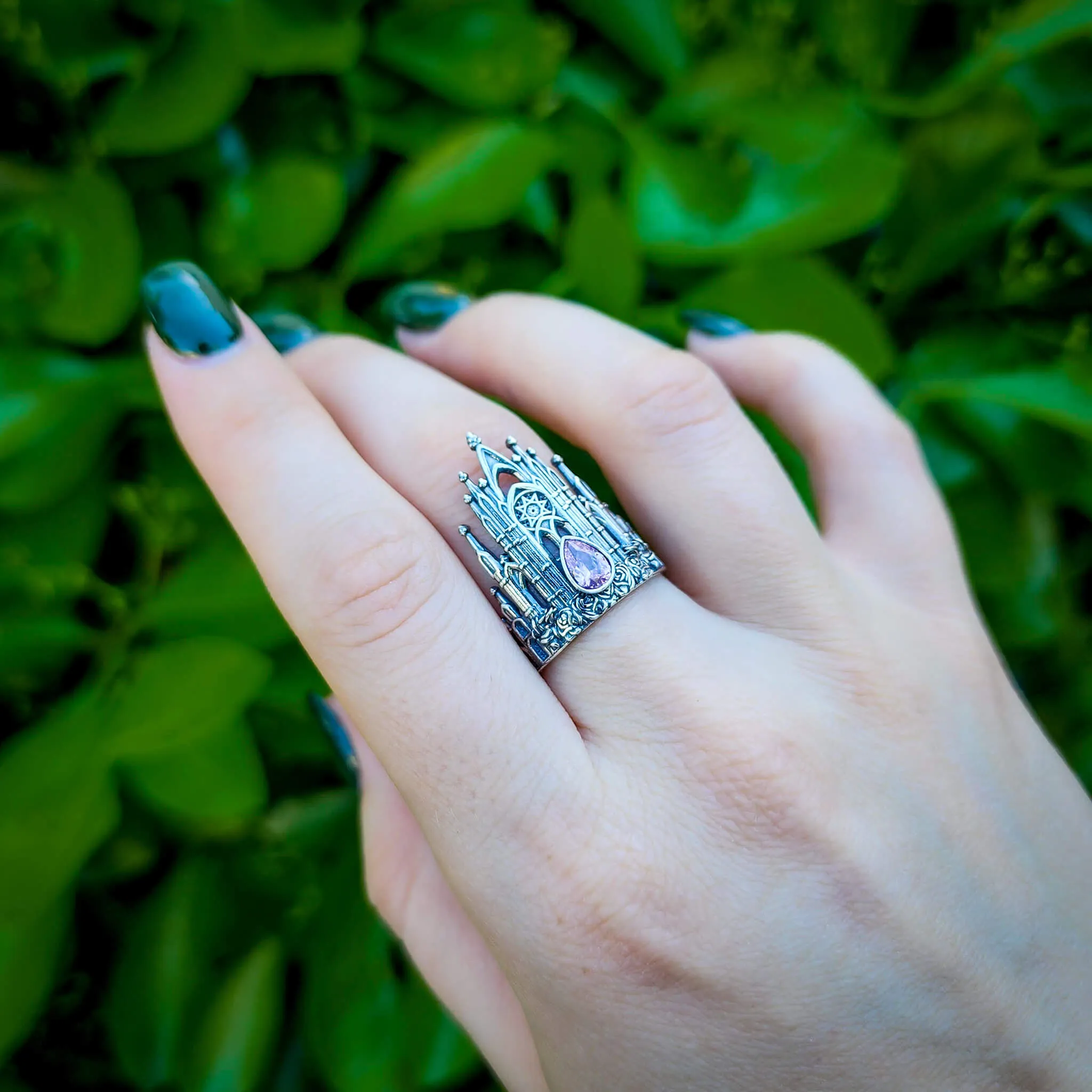 Silver Pink Sapphire Rose Cathedral Ring