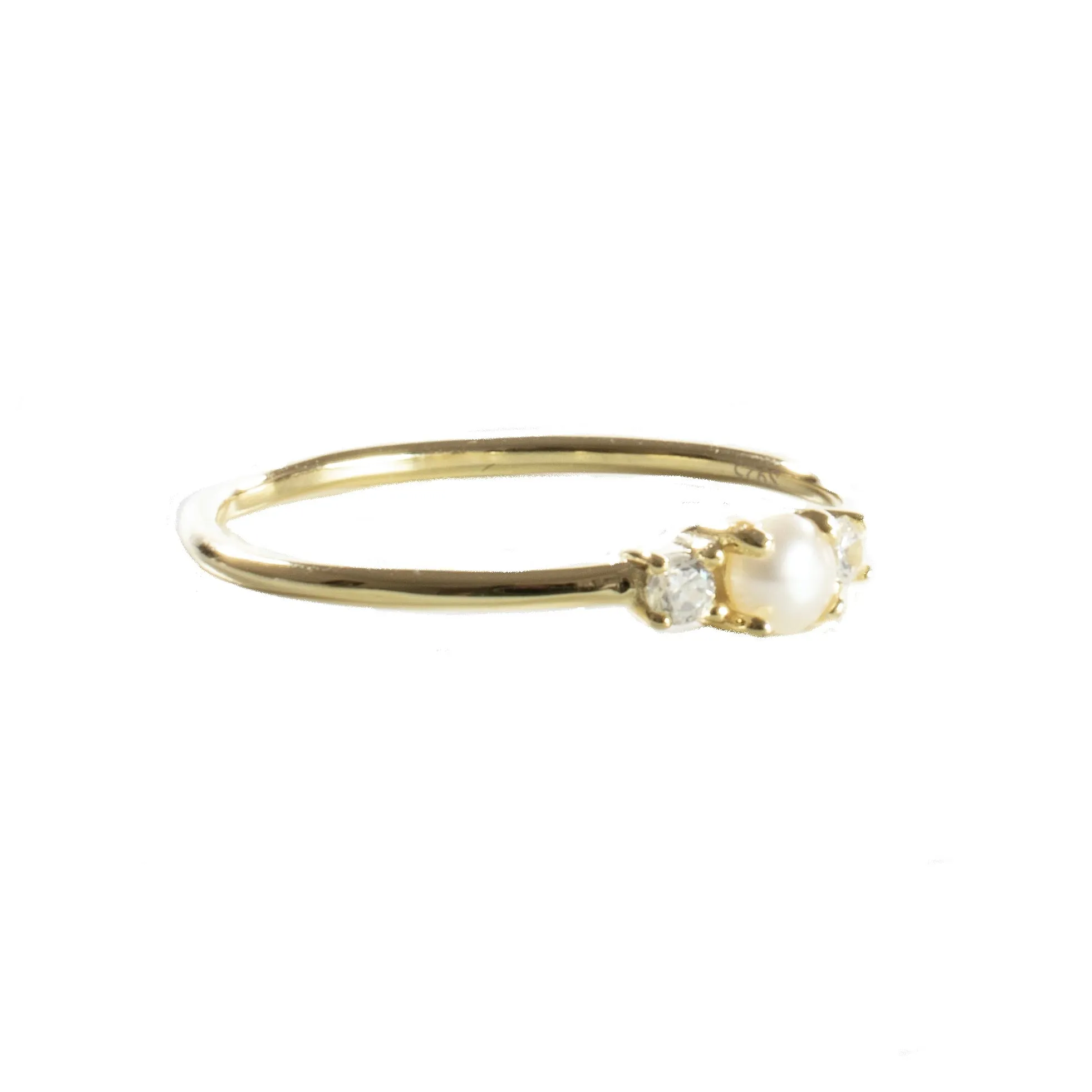 Simple Thin Stackable Pearl/ 2 CZ Ring - Gold
