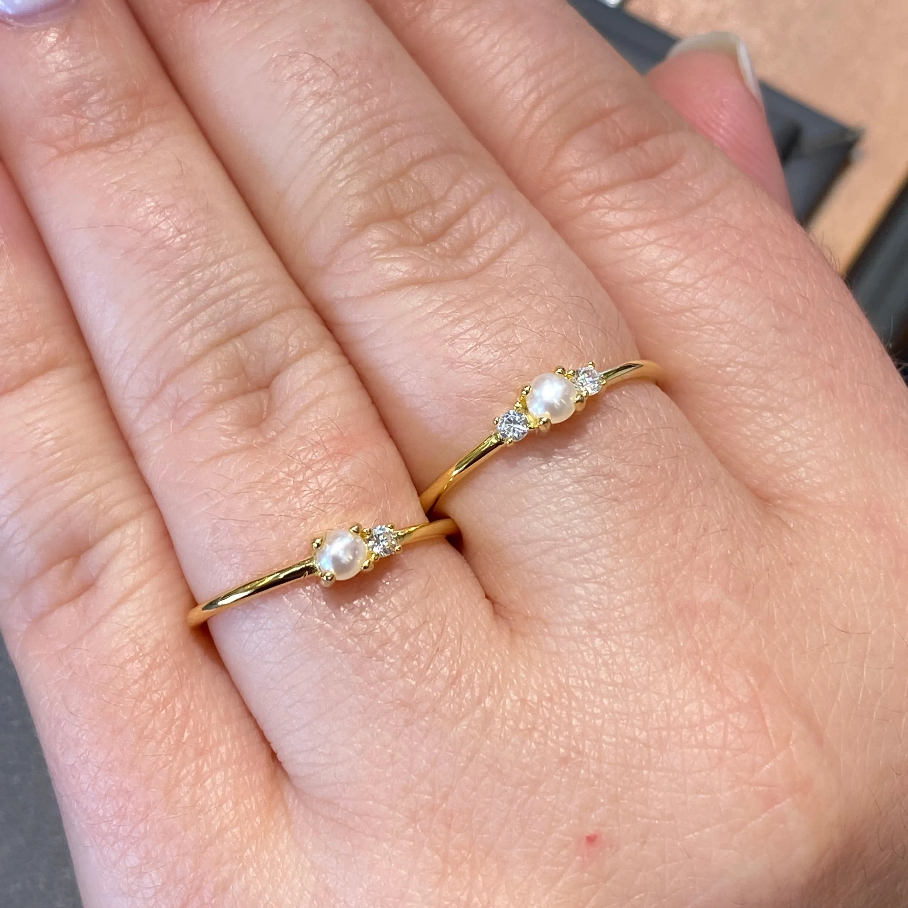 Simple Thin Stackable Pearl/ 2 CZ Ring - Gold