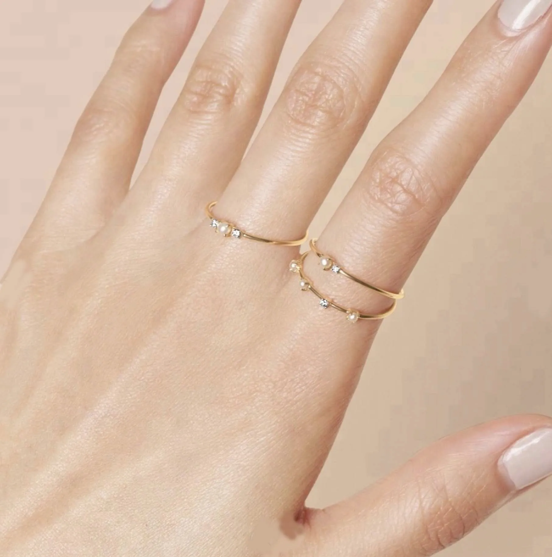Simple Thin Stackable Pearl/ 2 CZ Ring - Gold