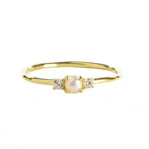 Simple Thin Stackable Pearl/ 2 CZ Ring - Gold