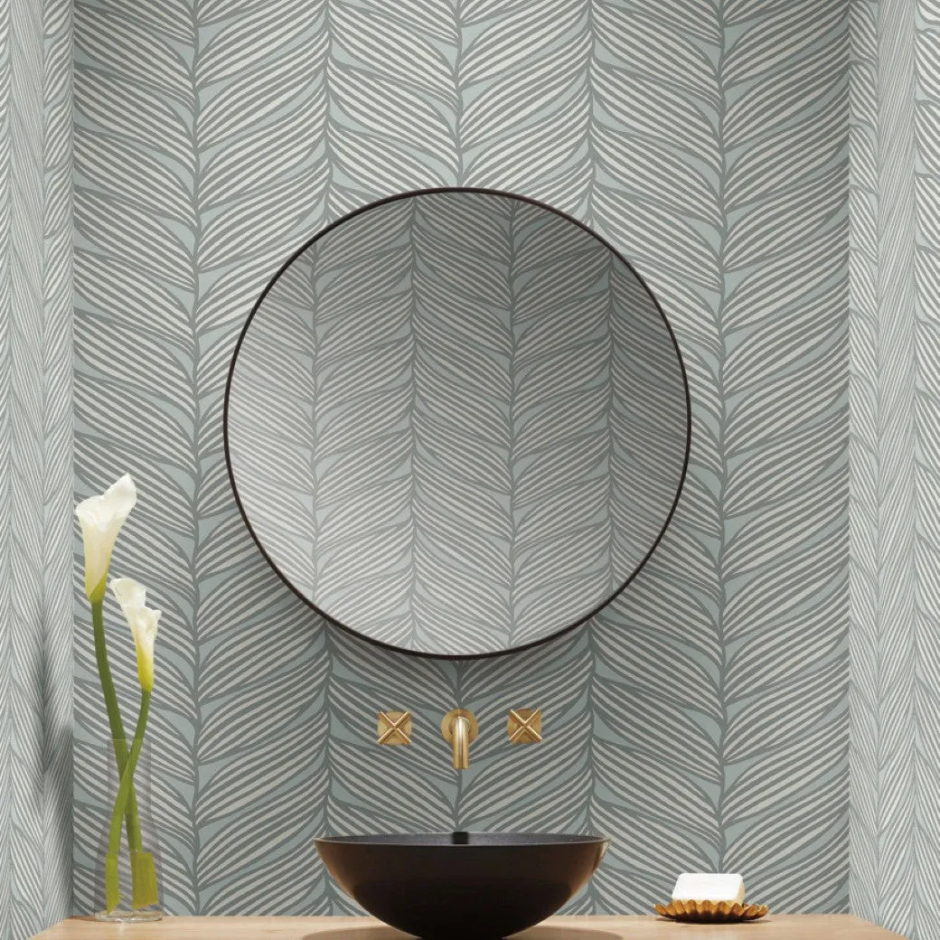 Spa & Silver Luminous Leaves Wallpaper (60 SqFt)