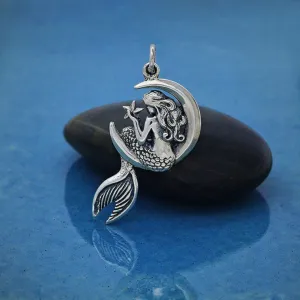 Sterling Silver Mermaid on Moon Pendant