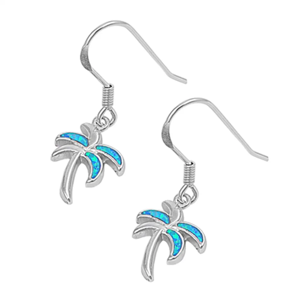 Sterling Silver Palm Tree Tropical Beach Ocean Earrings Blue Synthetic Opal 925
