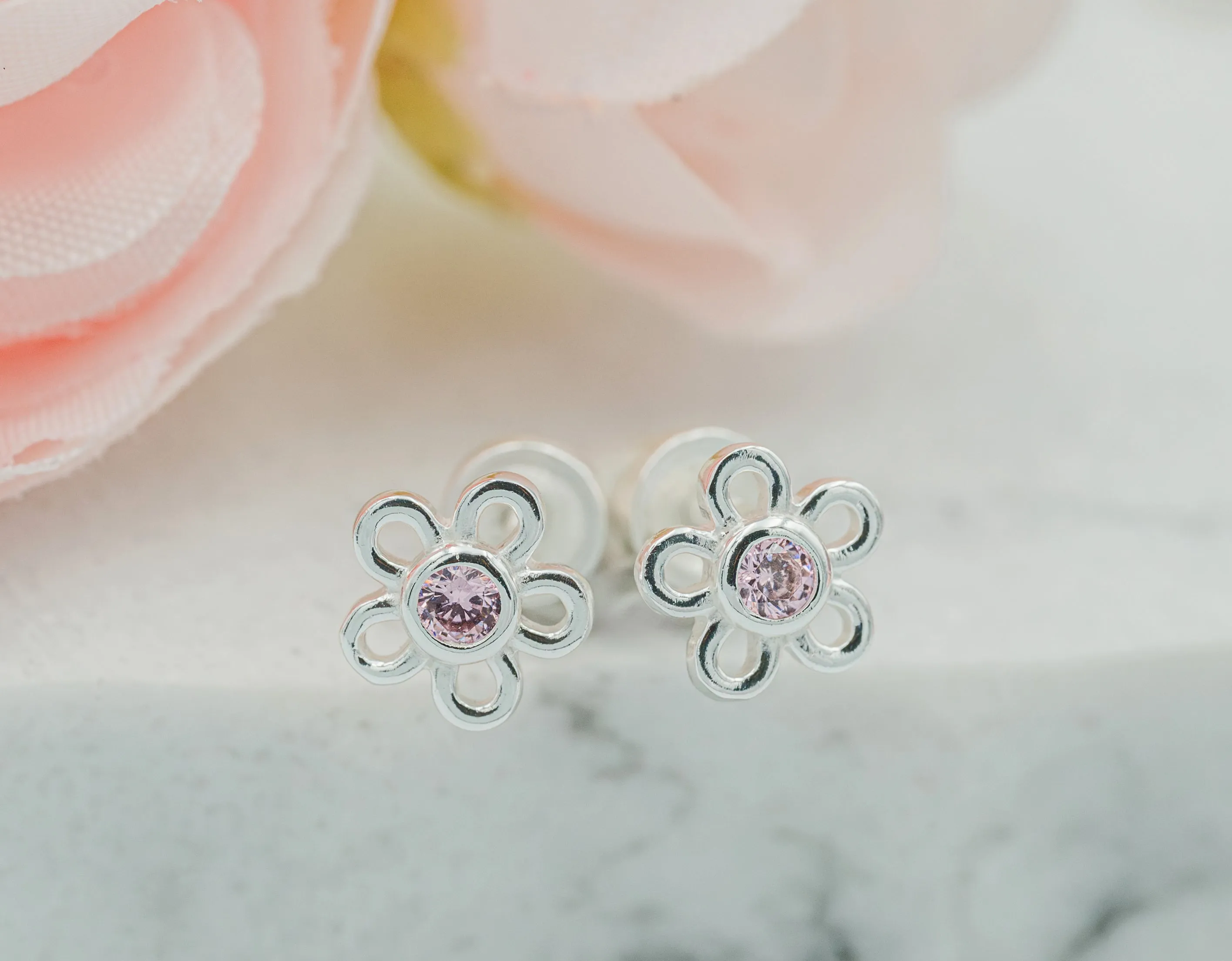Sterling Silver Pink Outline Daisy Earrings for Baby and Kids