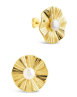 Sterling Silver Textured Disk & Pearl Stud Earrings