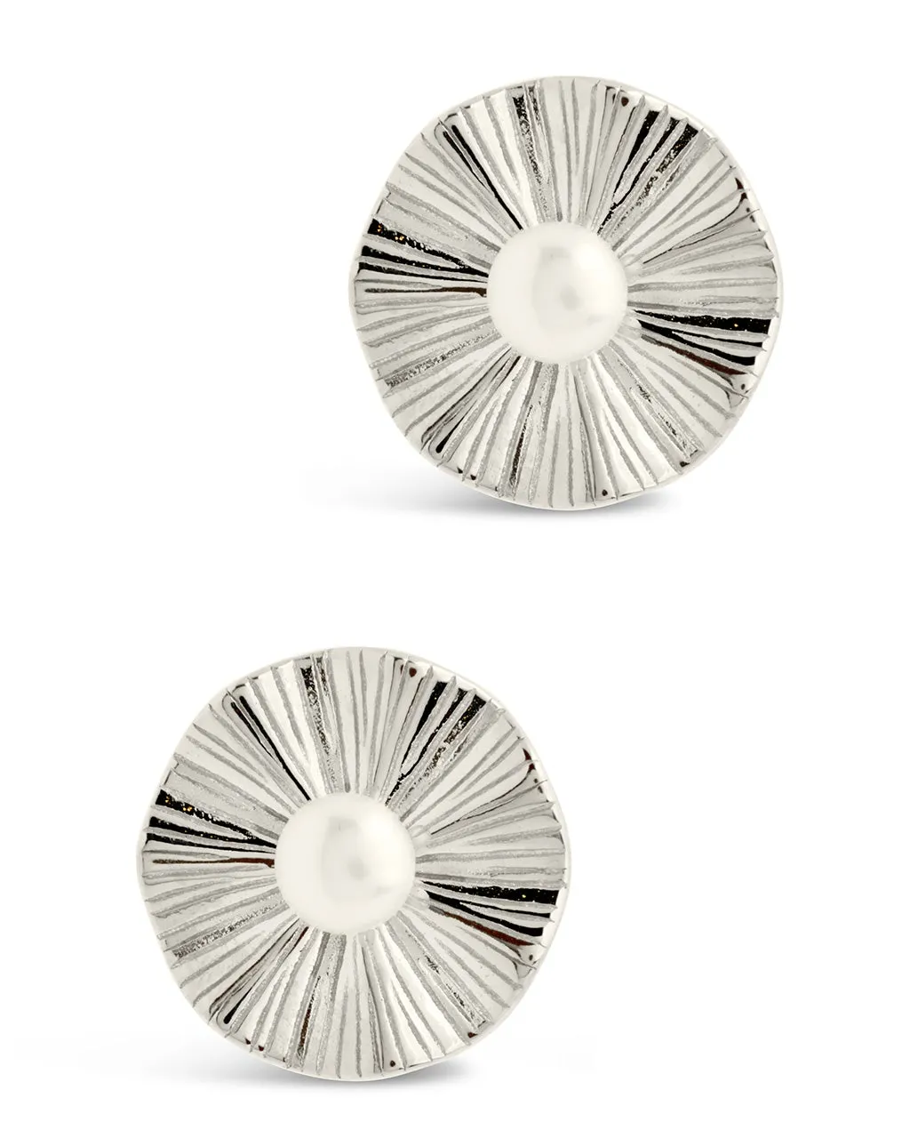 Sterling Silver Textured Disk & Pearl Stud Earrings